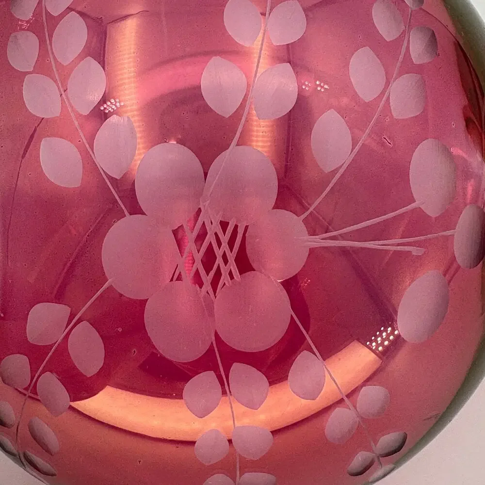Vintage Cranberry Glass Pedestal Rose Bowl Vase, Etched Flower, Ruffled Rim 8